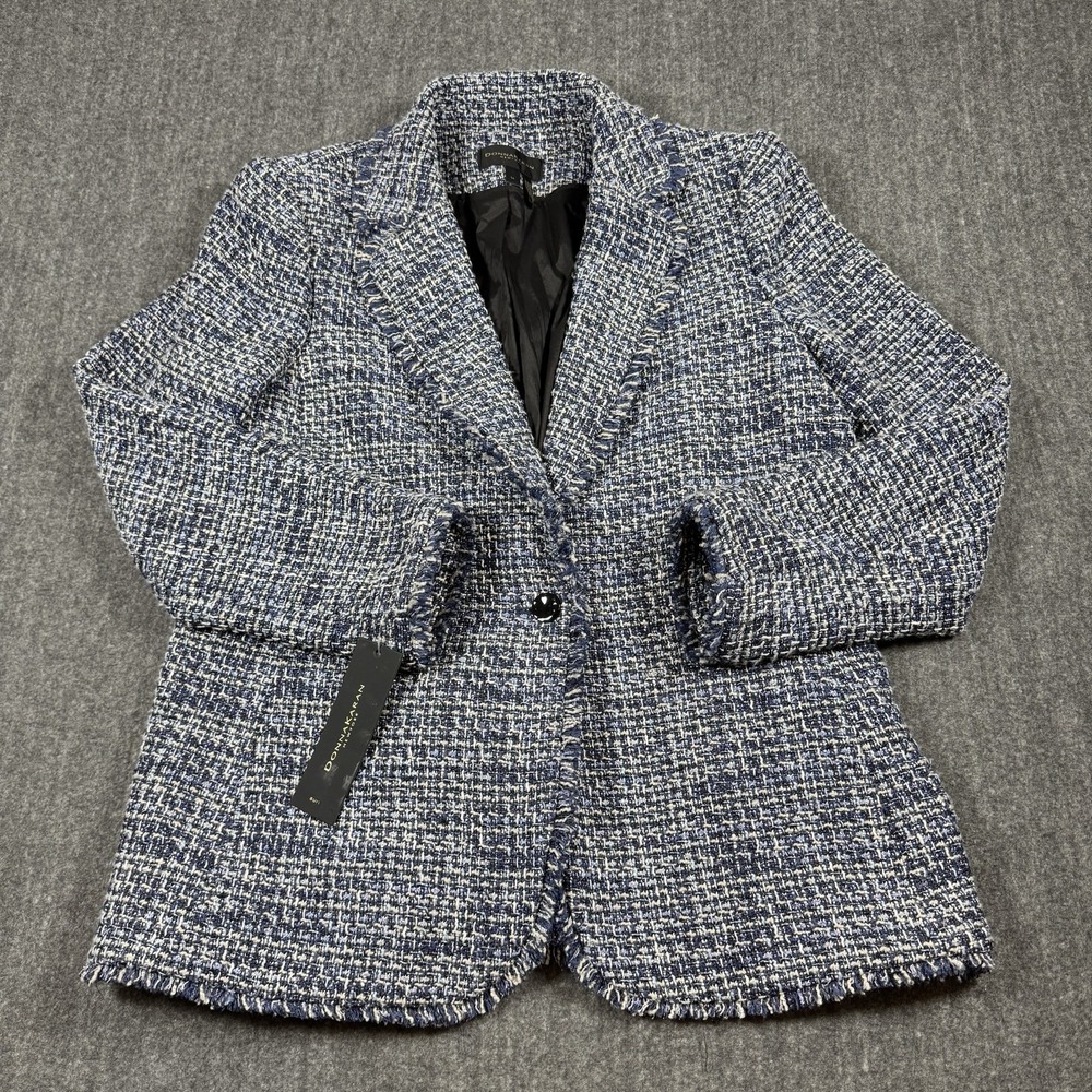 NWT Donna Karan New York Womens 14 Tweed Blazer Blue White Fringe Jacket